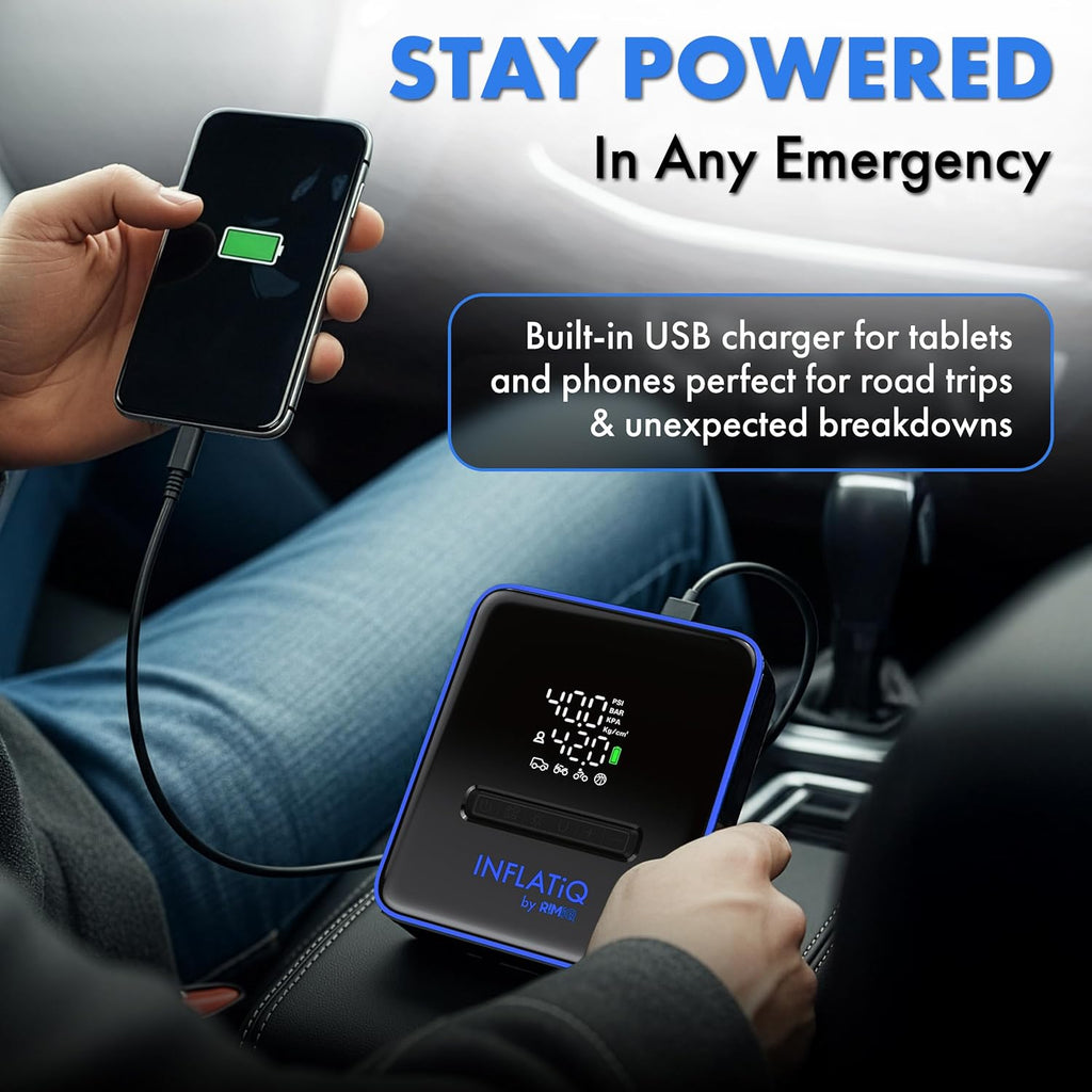 Inflatiq by  Tire Inflator Blue - Powerful, Award-Winning QWIKFLOW Technology with 2 Portable Power Options Included - Strong Vehicle Air Pump for Trucks, Cars, Motorcycles, Bicycles, Balls