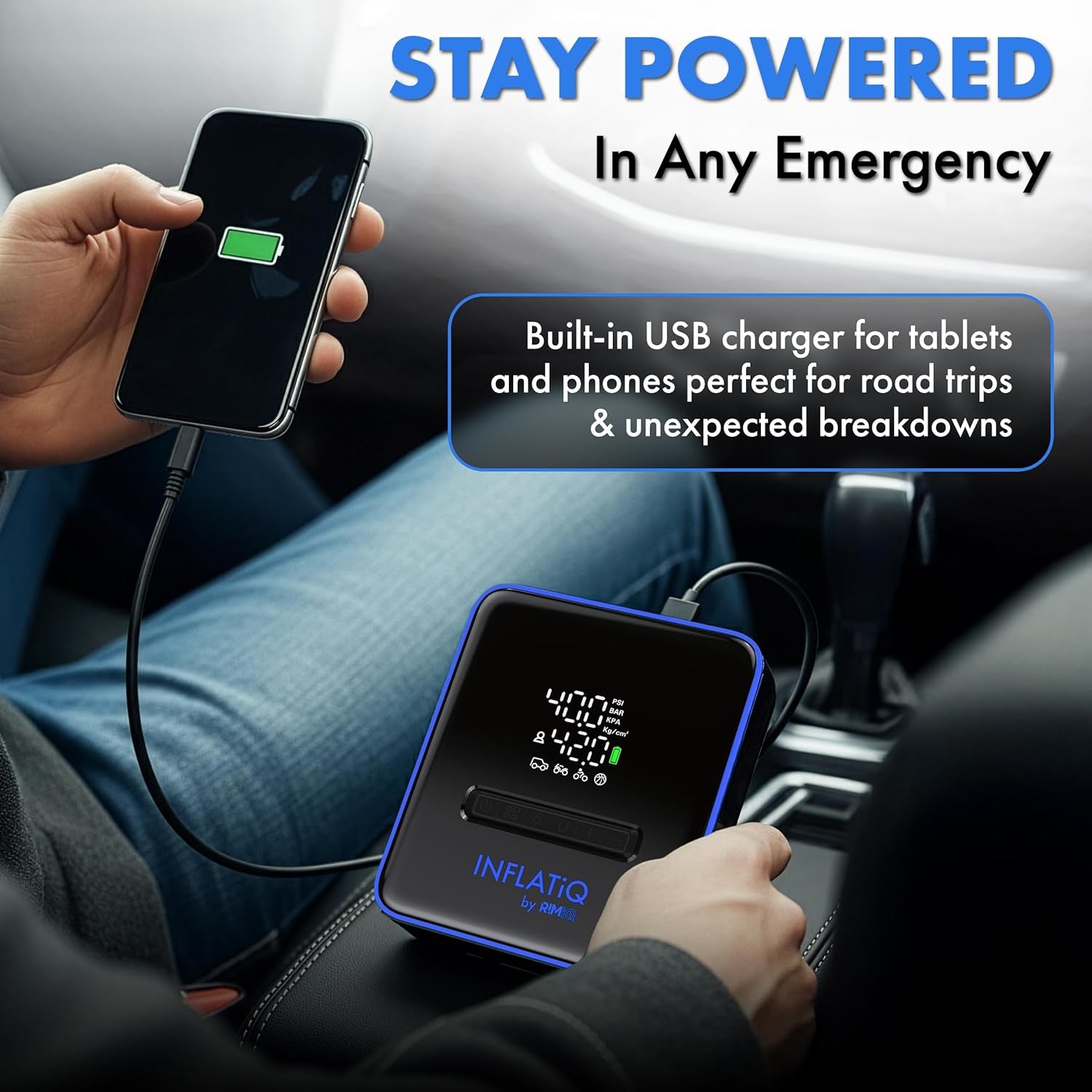 Inflatiq by  Tire Inflator Blue - Powerful, Award-Winning QWIKFLOW Technology with 2 Portable Power Options Included - Strong Vehicle Air Pump for Trucks, Cars, Motorcycles, Bicycles, Balls