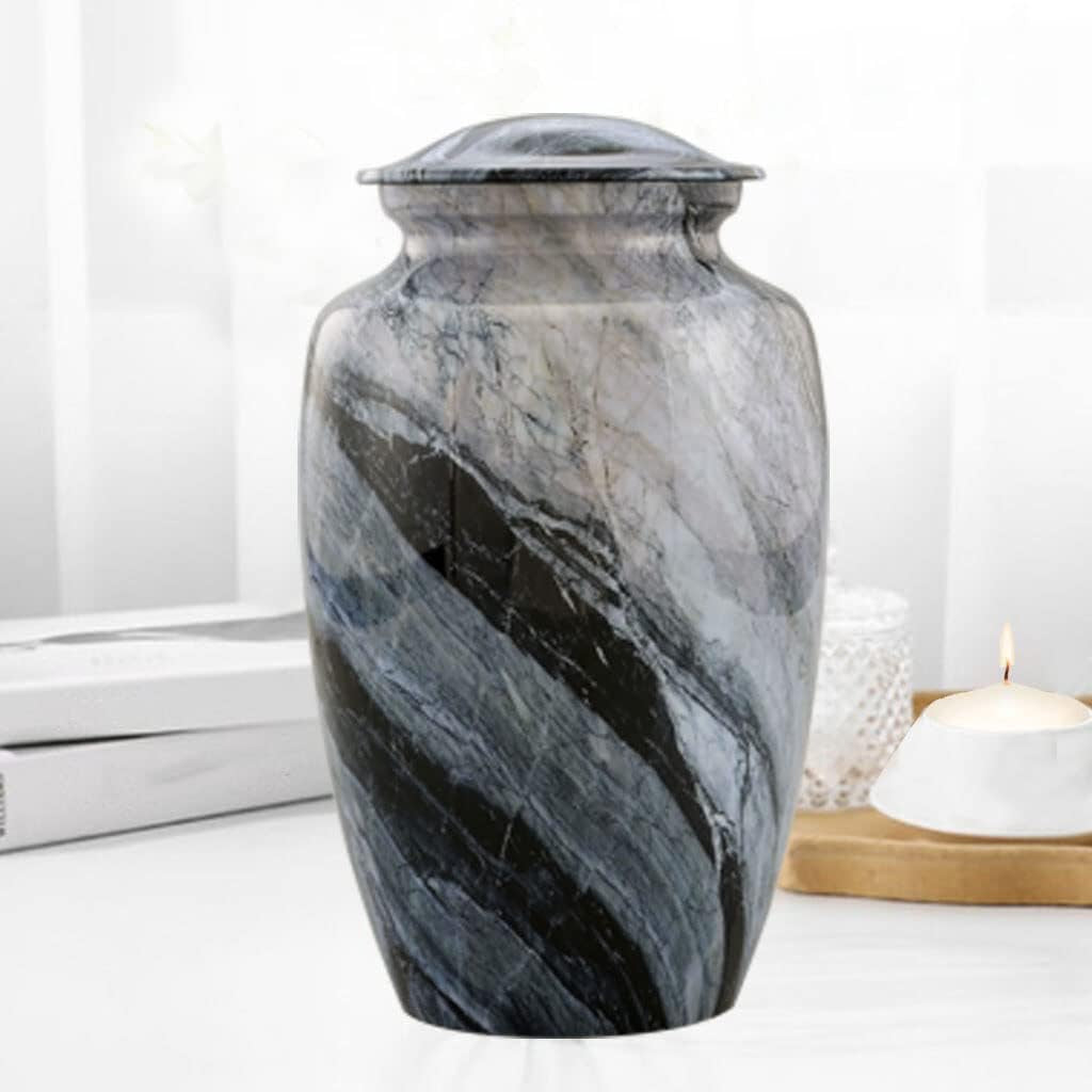 Memorial Cremation Urns for Human Ashes | Handcrafted Large Burial Marble Finish Adult Cremation Urn | Funeral Decorative Urns for Female & Male | 200 Lbs with Velvet Bag (Silver Wave)