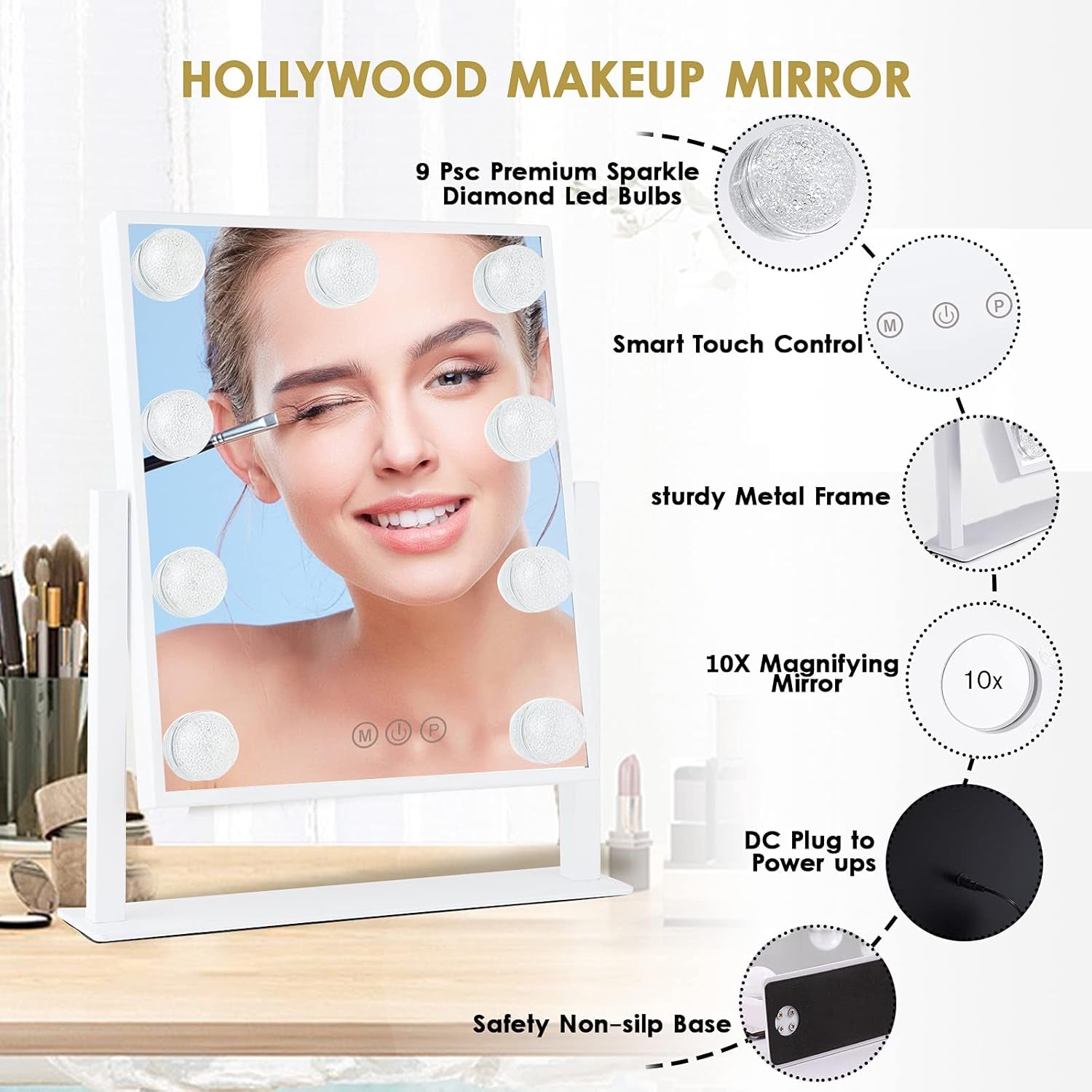 Vanity Mirror with Lights, Makeup Mirror with 9 LED Diamond Bulbs | Hollywood Mirror Touch Control Design 3 Colors Dimmable Bulbs Detachable 10X Magnification 360°Rotation