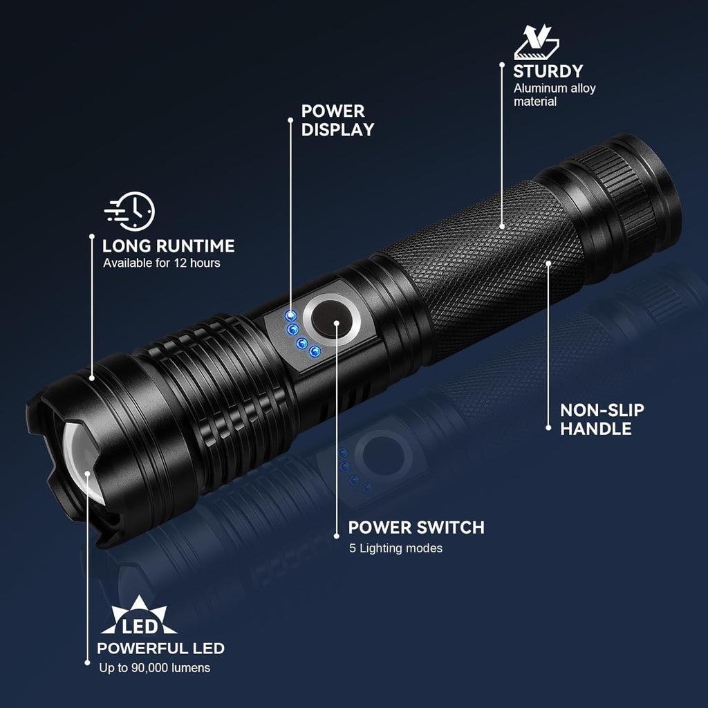 3 Pack Rechargeable Flashlights High Lumens, 990000Lm Super Bright Handheld Flash Light with Power Display, 15H Runtime, IPX7 Waterproof, Zoomable 5 Modes for Outdoor Survival & Camping