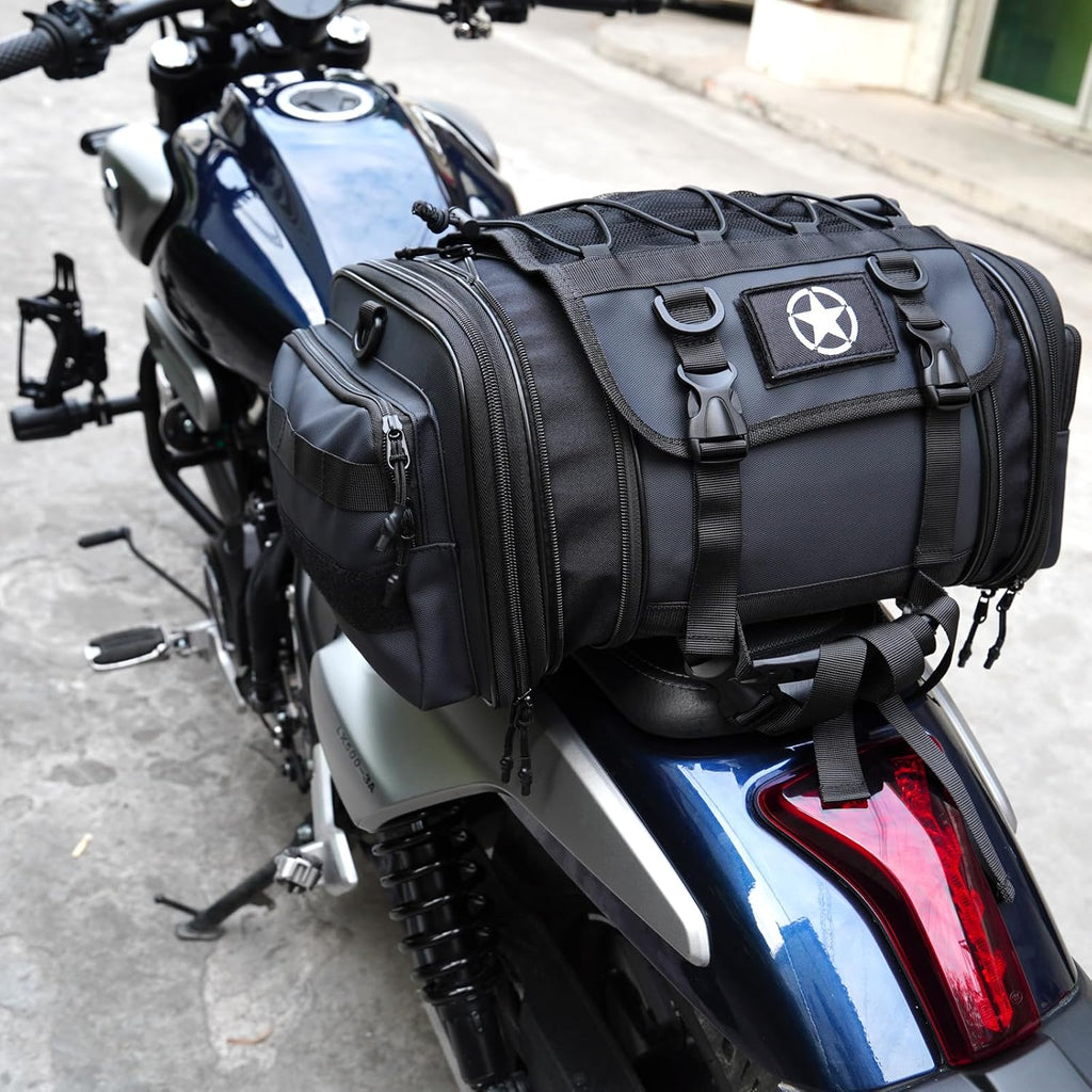 Motorcycle Travel Luggage Bags, Expandable Rear Tail Saddle Bag | 40L Storage Capacity, Helmet Bag, with Straps, Motorbike