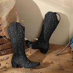 Black Cowgirl Boots for Women Cowboy Boots Western Boots Chunky Heel Pointed Toe Pull on Rhinestones Knee High Boots