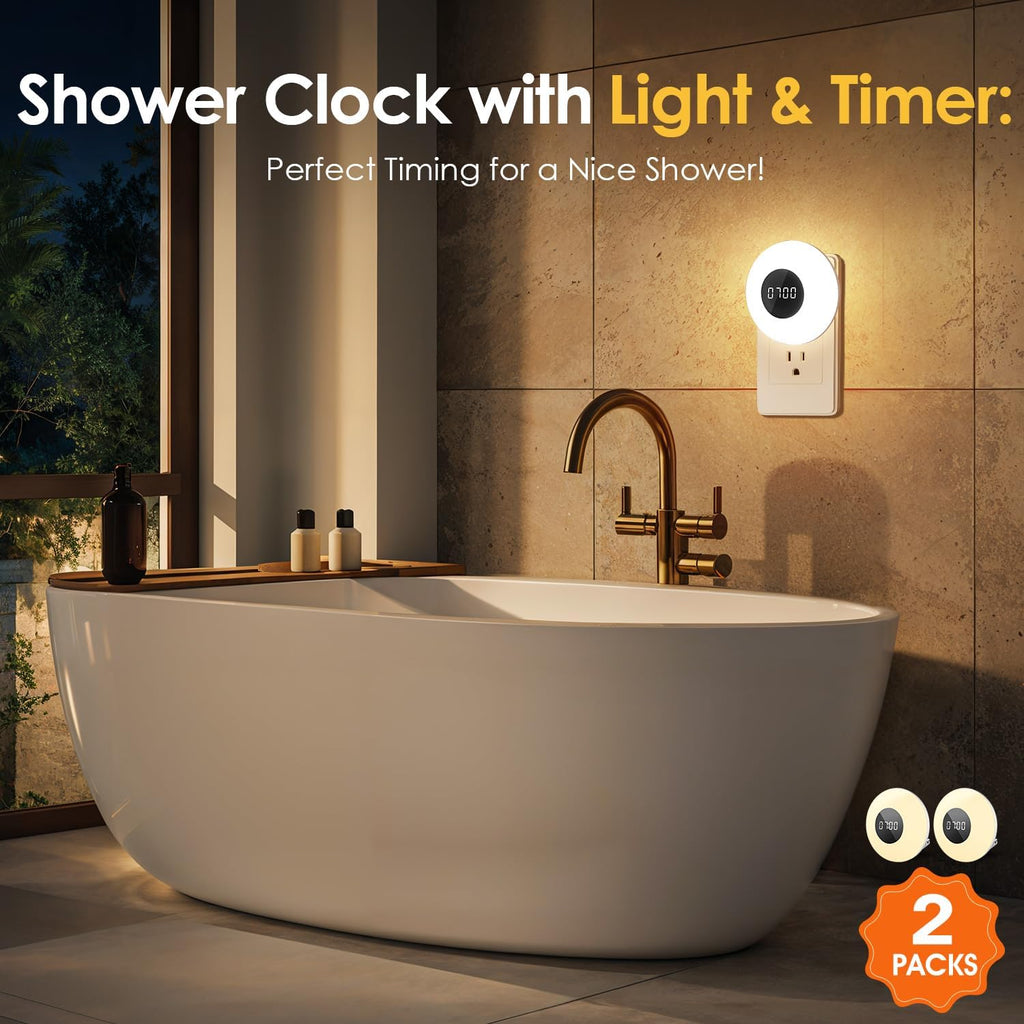 【2 Pack】 Bathroom Clock,10 Levels Dimmable+3 Light Colors+Remote Shower Clock+Bathroom Shower Timer, 90 Lumen Shower Lights, Aora Night Light, Small Clock Plug in Timer, Dimmable Night Light