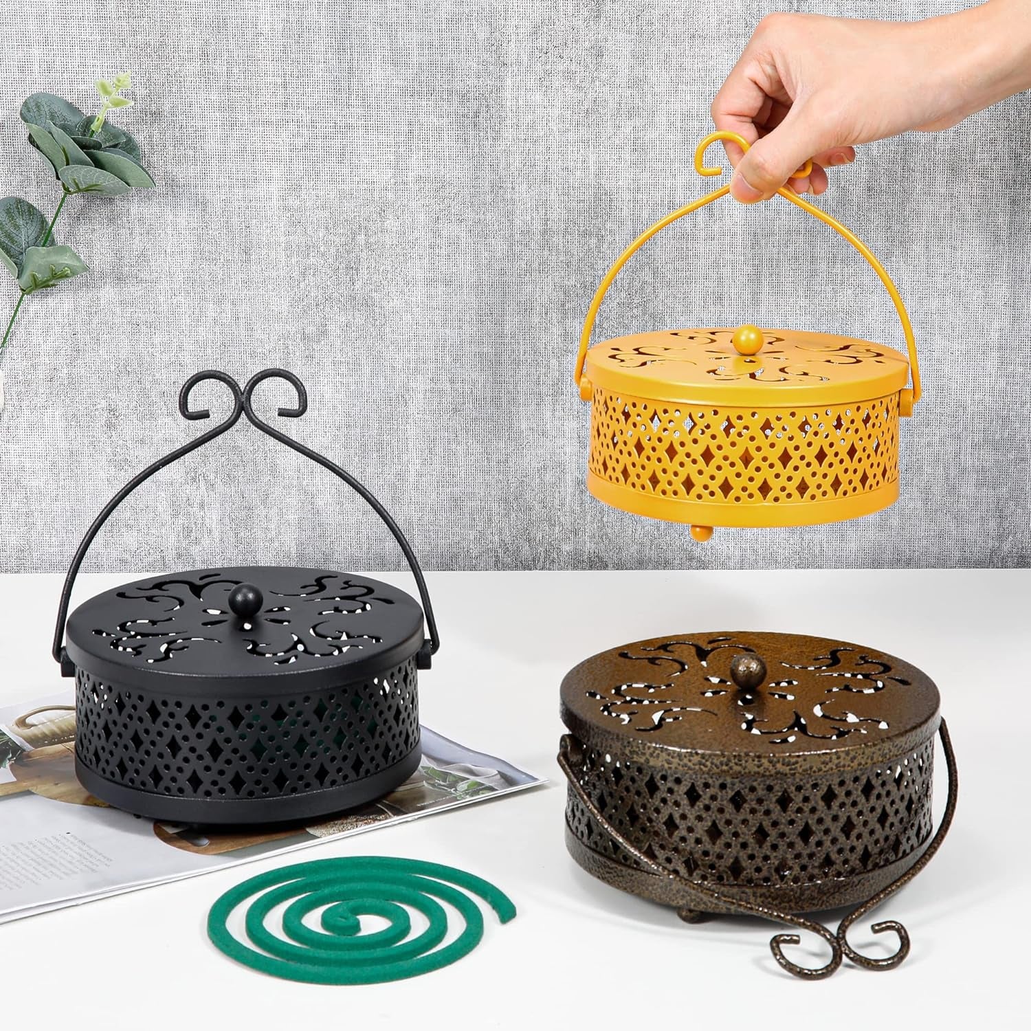 Mosquito Coil Holder, Retro Portable Mosquito Incense Burner for Home and Camping (Yellow)