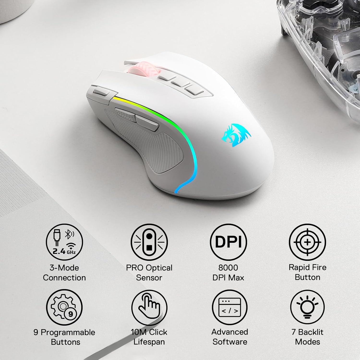 M612 Wireless RGB Optical Gaming Mouse 8000 DPI Remapping Keys | Cable-Free 0 Delay, Redefine Keybinding Macro, Vibing Backlight, Ergonomic Grip Body Comfort