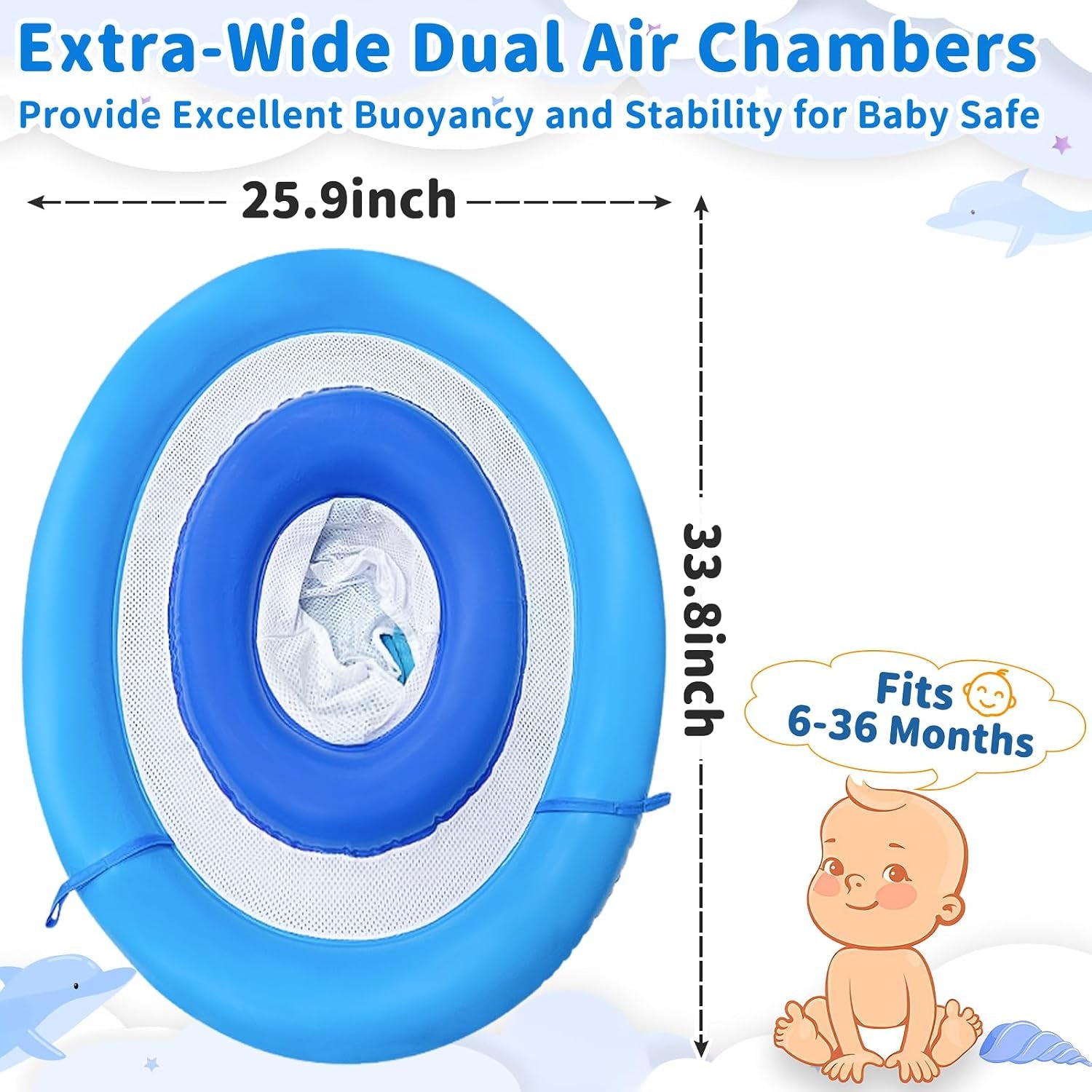 Baby Pool Float with Canopy UPF50+ for Age 6-36 Months 4 Stage Adjustable Canopy and Anti-Tip Safety Seat Dual Air Chambers Inflatable Toddler Floaties Infant Pool Float, Baby Beach Essentials