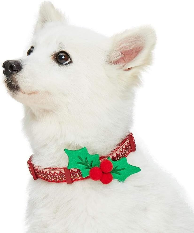 Christmas Dog Collar for Small Dogs, Festive Chevron Design with Detachable Holly Décor & Bow, Adjustable Neck 12"-16"