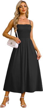 Womens Spaghetti Strap Maxi Dresses Smocked with Pockets 2026 Summer Spring Casual Boho Beach Long Sundresses