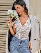 Lace Bodysuits for Women Sexy V Neck Sheer Bodysuit Tops Snap Crotch One Piece Teddy