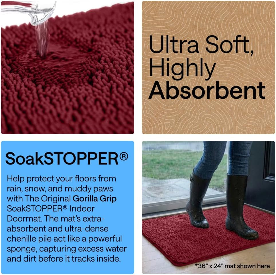 GORILLA GRIP Soakstopper Dog Door Mat, 60X36 Machine Washable Rug Absorbent Doormat Captures Moisture Mud Dirt, Quick Dry Soft Chenille Entryway Rugs Indoor Entrance Mats for Dog Paws, Burgundy