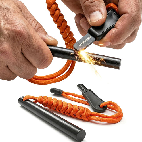 4 Inch Survival Ferrocerium Drilled Flint Waterproof High Spark Fire Starter | Ferro Rod Kit with Orange Paracord Landyard Handle and SS Striker