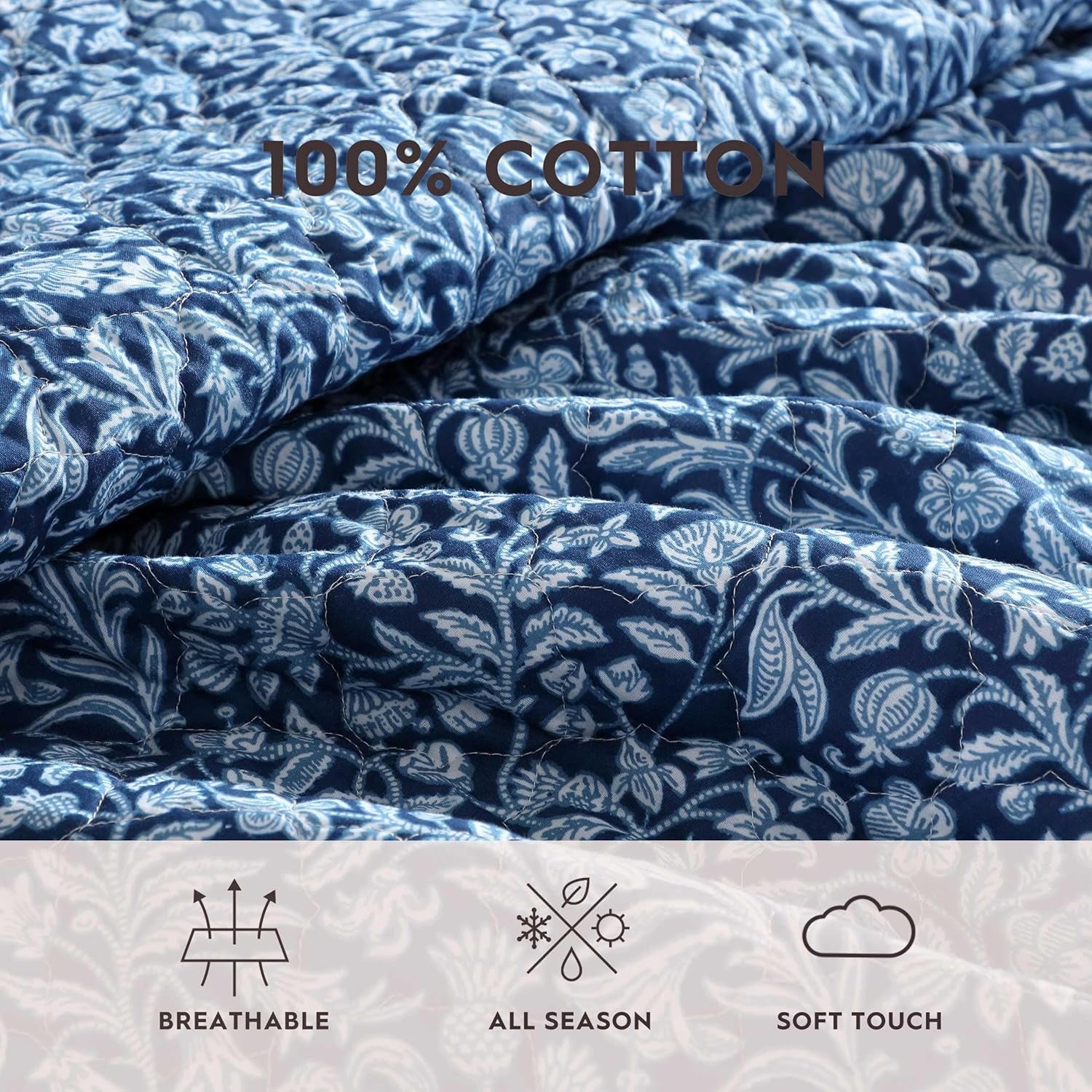 Laura Ashley - Quilt Set, Super Soft Fabric Bedding with Matching Shams, Toile-Inspired Print, Floral Home Essentials (Elaina Blue, King)