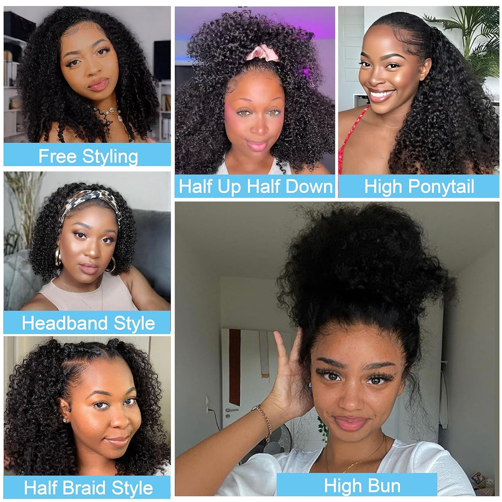 Kinky Curly Half Wigs Human Hair 180 Density 3 in 1 Seamless Flip over Half Wigs Afro Kinky Burmese Curly Deep Water Wave Glueless Wear and Go Wig Drawstring Headband Ponytail Wig for Women 14 Inch
