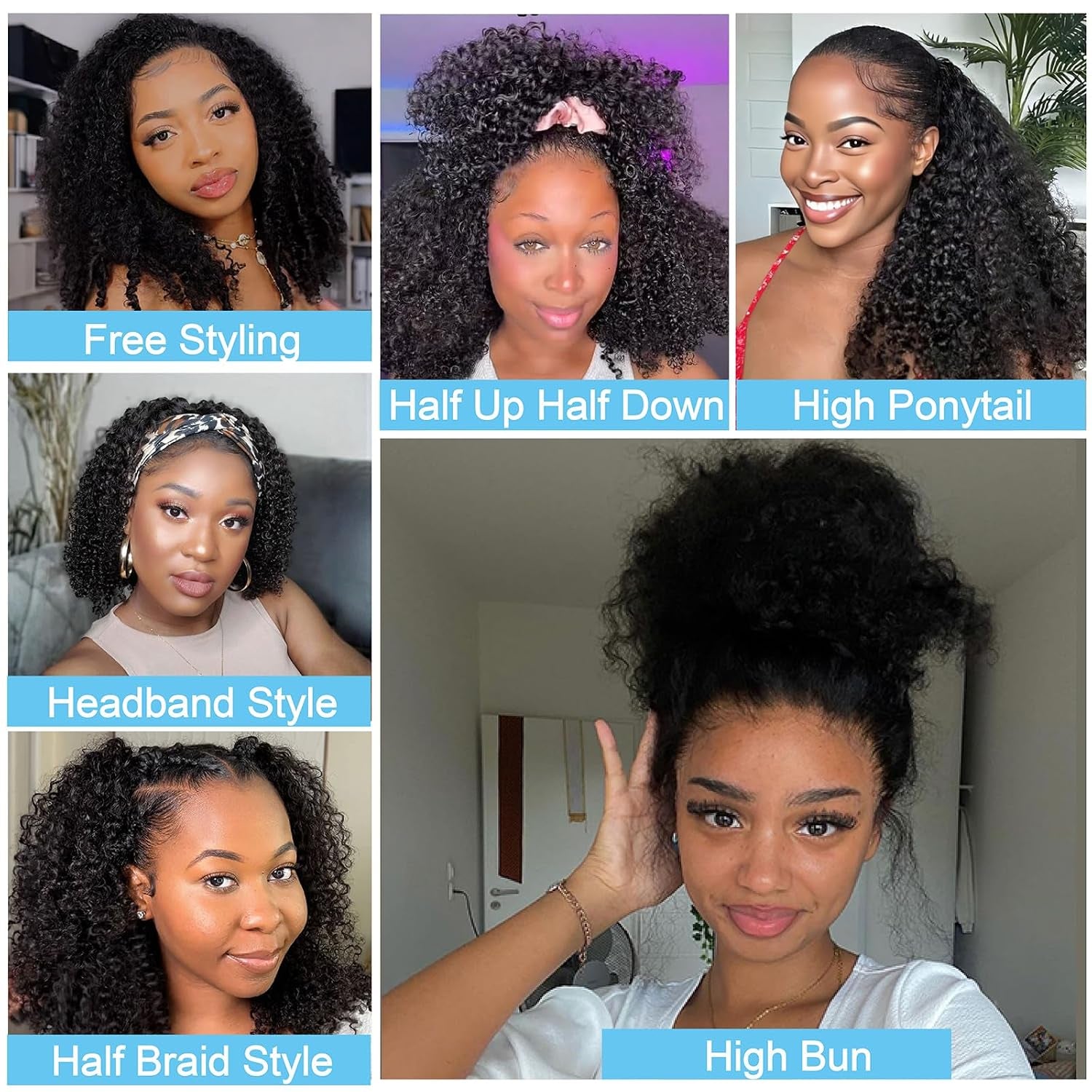 Kinky Curly Half Wigs Human Hair 180 Density 3 in 1 Seamless Flip over Half Wigs Afro Kinky Burmese Curly Deep Water Wave Glueless Wear and Go Wig Drawstring Headband Ponytail Wig for Women 14 Inch