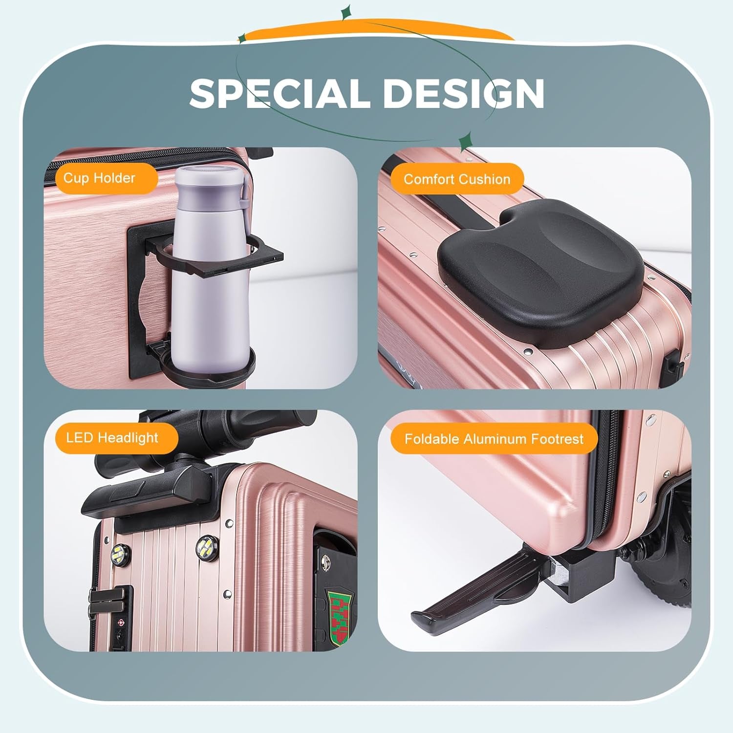 Electric Suitcase 20Inch Rideable Luggage Boardable Luggage Carry on Luggage with Night Light, Cup Holder (Pink)