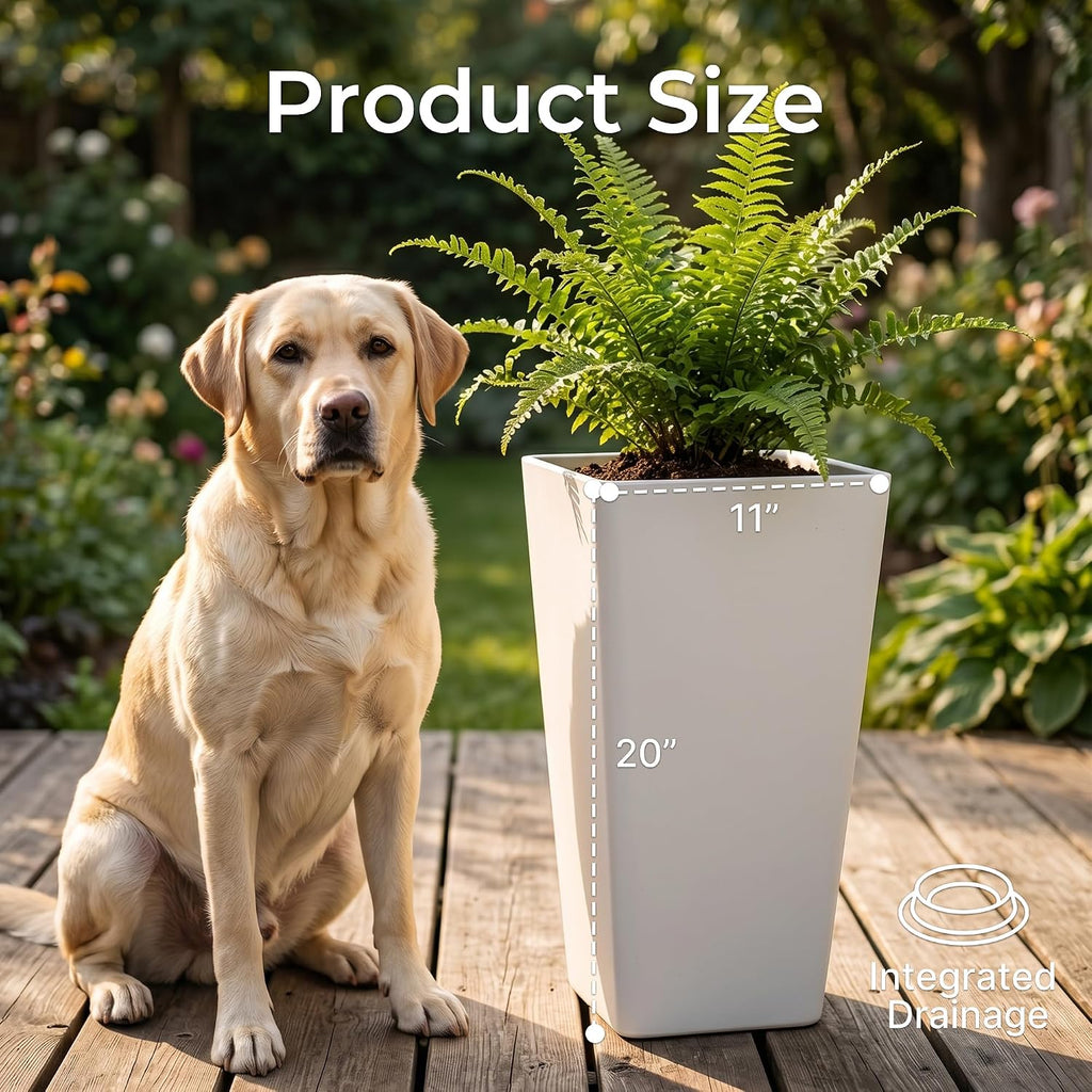 Planters for Outdoor Plants, 20 Inch Tall White Flower Pots 2 Pack, Large Plastic Plant Pots with Drainage Hole and Dual-Purpose Tray, Decorative Indoor Planter for Front Porch Patio Garden