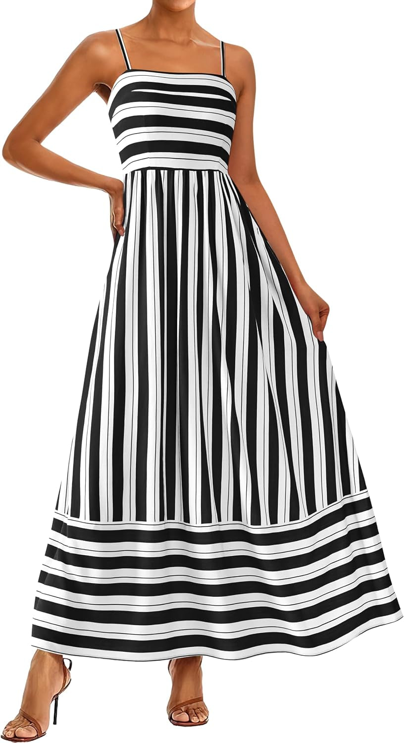 Womens Boho Floral Striped Summer Maxi Dresses Spaghetti Strap | Summer 2026 Wedding Guest Beach Vacation Flowy Long Dress, Casual Square Neck Tiered Dress, Empire Waist a Line Dress Pockets
