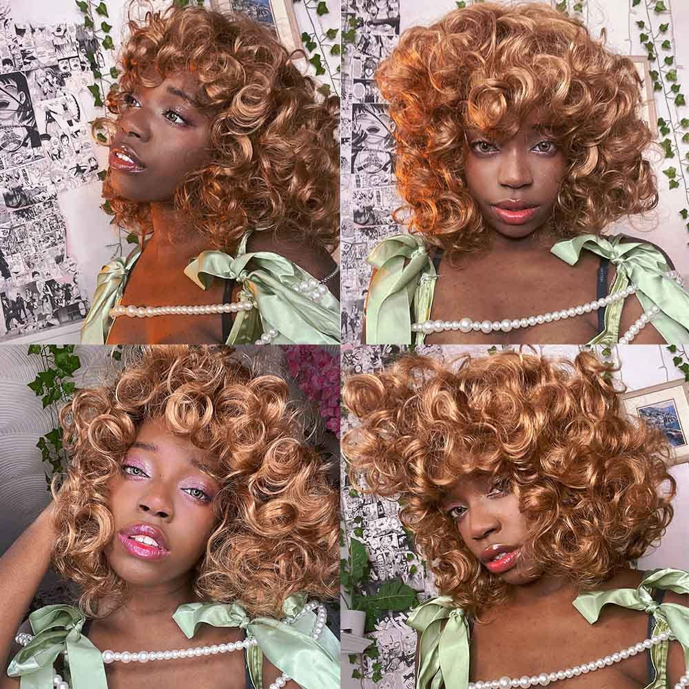 Curly Wig with Bangs Wigs for Black Women Honey Blonde Short Synthetic Hair Wigs (#30 Honey Blonde)
