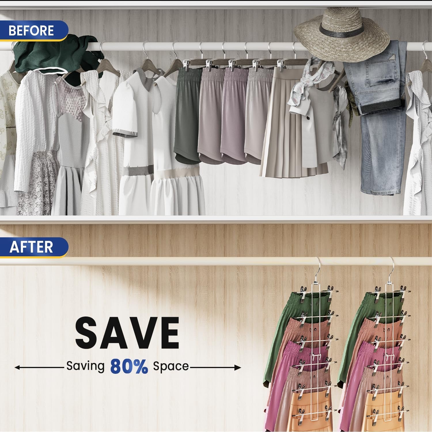 Skirt Pants Hangers with Clips Space Saving Hanging Closet Organizer 6 Tiers Hanger with 360° Swivel Hook, Finger-Safe Design- College Dorm Room Apartment Essentials 1-Pack