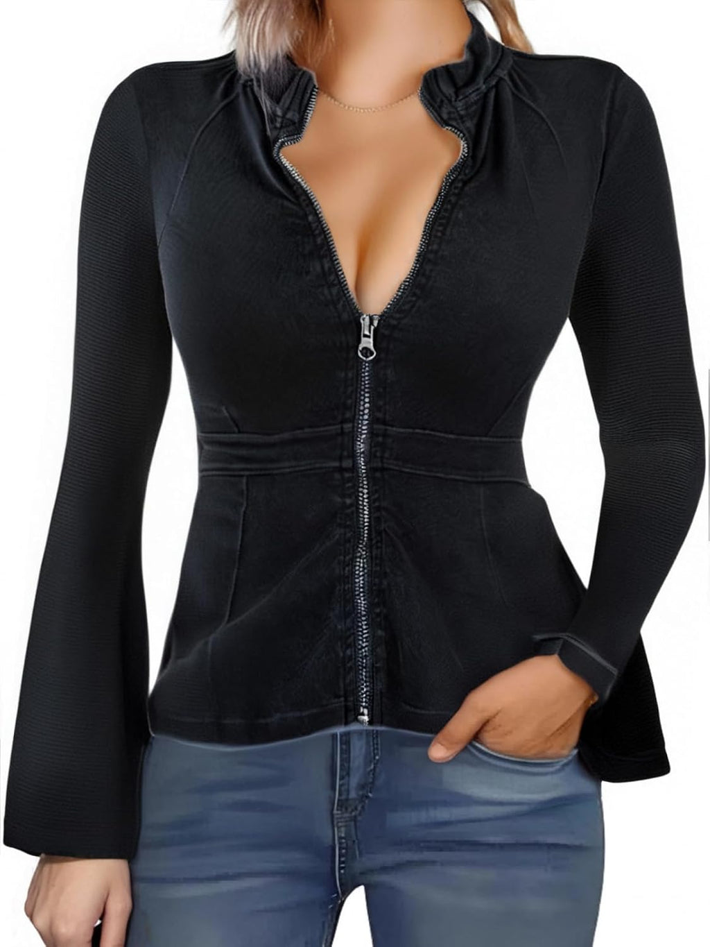 Casual Denim Peplum Jacket for Women Long Sleeve Zip Front Athletic Workout Ruffle Blazer Coats