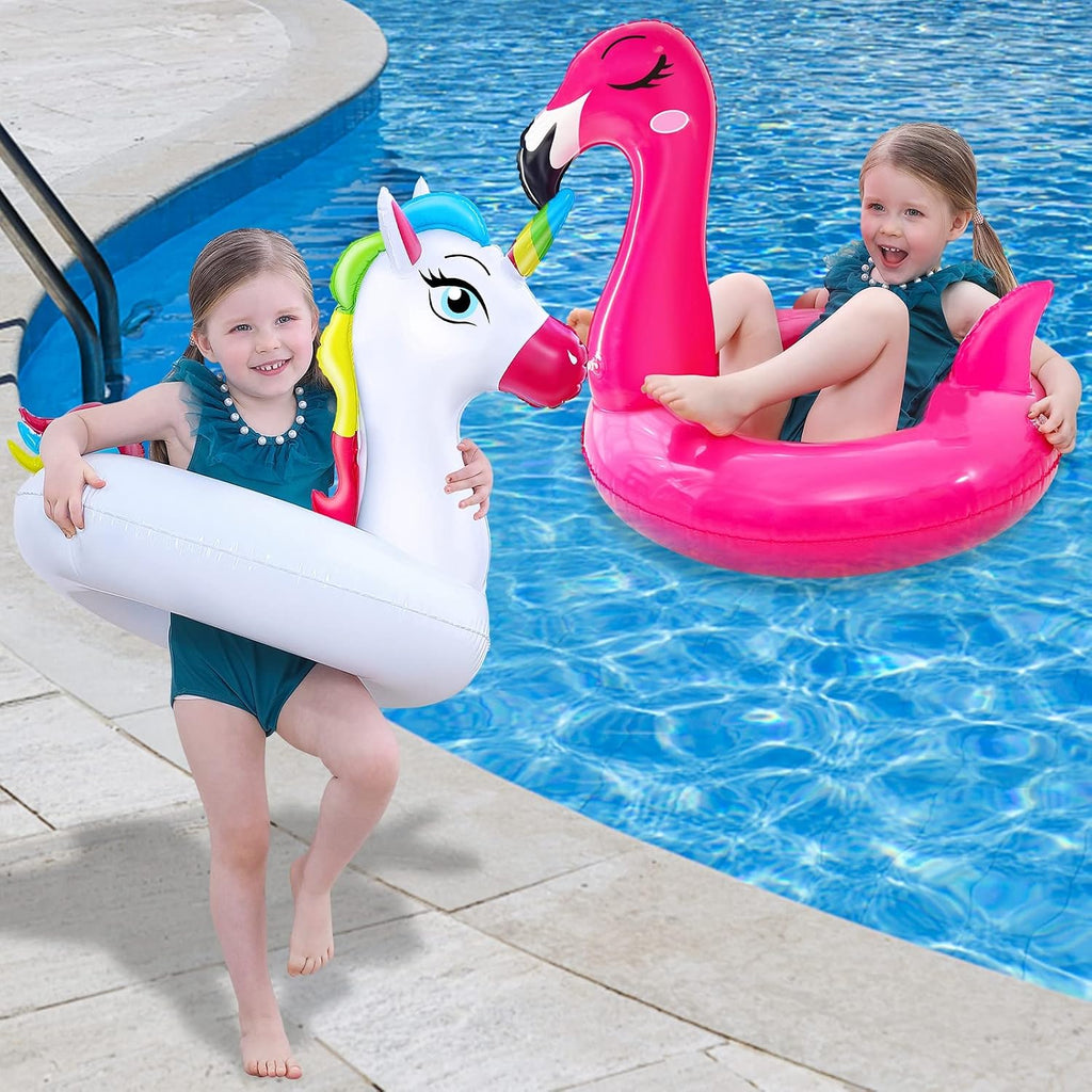 2 Pack Inflatable Flamingo Unicorn Pool Floats for Kids 3-8 Years | Pool Party Decorations/Beach/Summer, Durable PVC, Boys/Girls/Toddlers, Lounger/Raft, Vacation Floaties, Quick Inflate