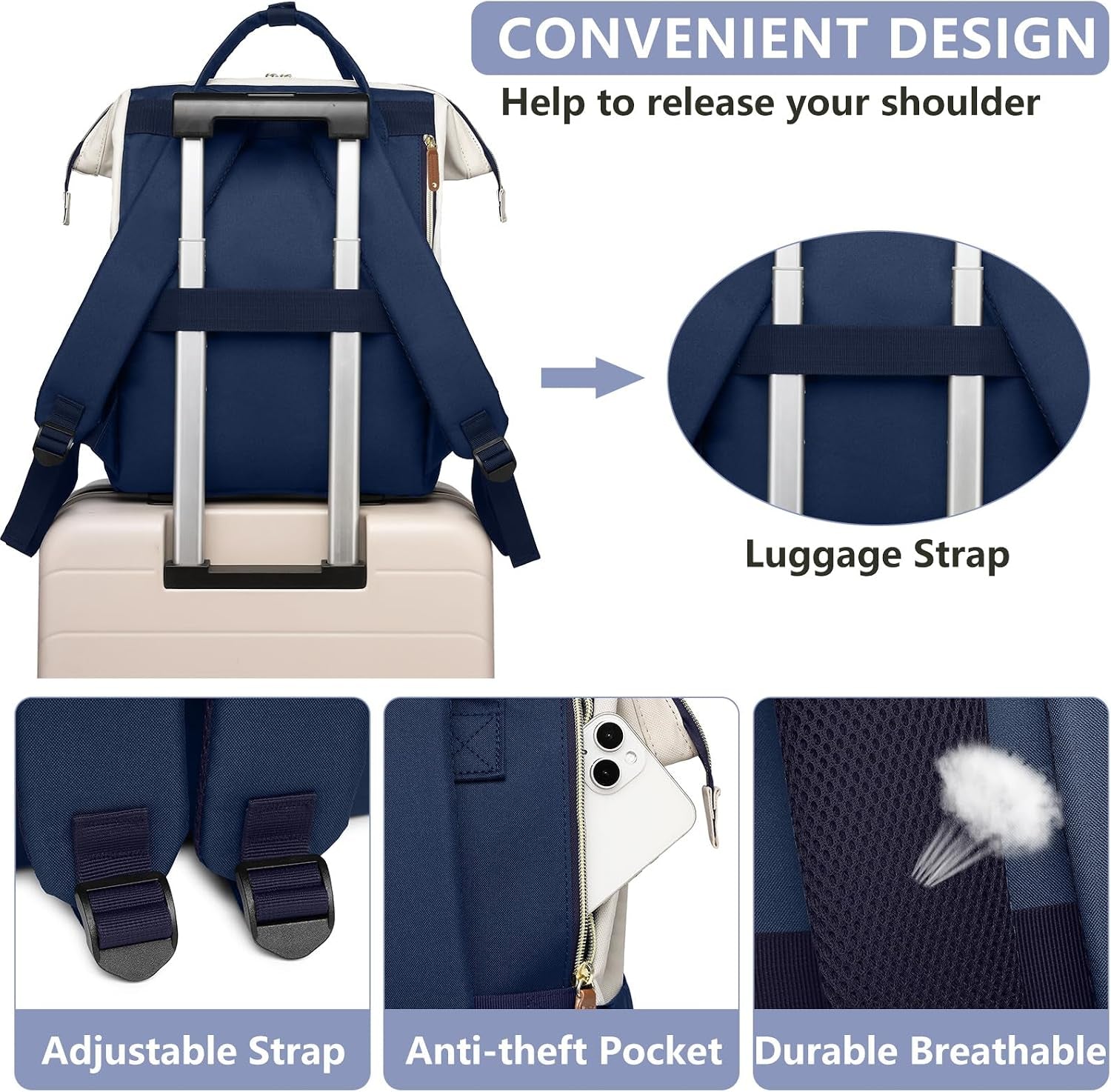 Laptop Backpack for Womem Work Bags: 17.3 Inch Travel Backpacks with USB Charging Port anti Theft Fashion College Bookbag Durable Back Pack Purse Bussiness Daypack for Nurse Teacher Navy Beige