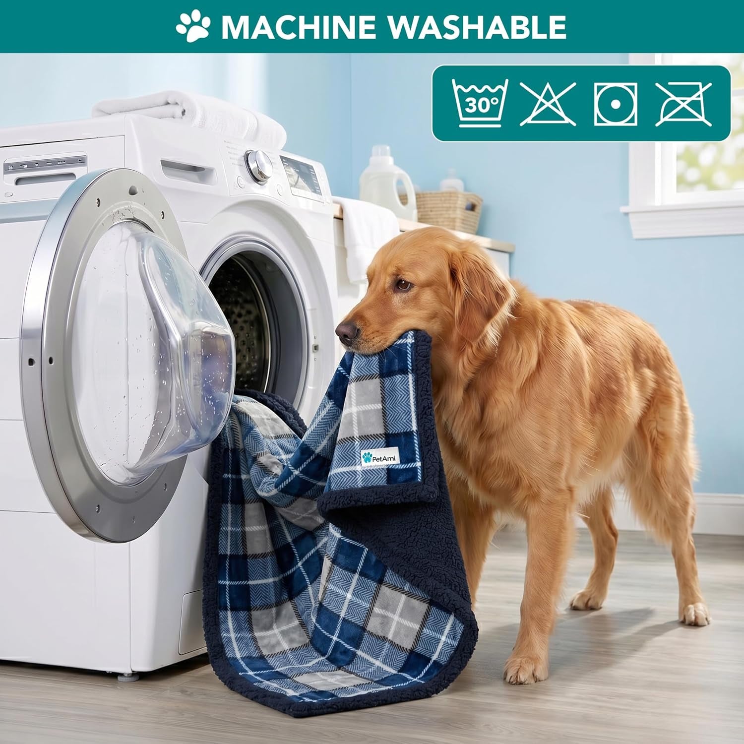 Dog Blanket for Medium Large Dogs and Pets, Soft Sherpa Fleece Pet Blanket for Cats Puppies, Reversible Plush Couch Cover Protector Sofa Bed Car Seat, Machine Washable, 80X60, Plaid Navy Blue