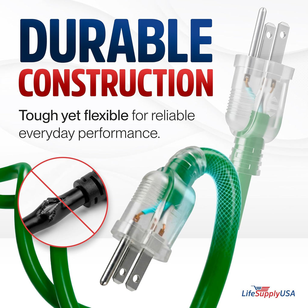 50Ft Outdoor/Indoor Extension Cord 12/3 Gauge Extra Heavy Duty 3 Prong SJTW, Waterproof, Flexible Cold-Resistant Long Power Cord,15A 125V 1875W, Green by