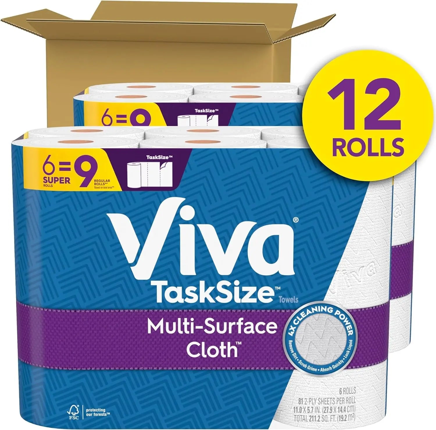 Multi-Surface Cloth Paper Towels, Task Size - 12 Super Rolls (2 Packs of 6) - 81 Sheets per Roll
