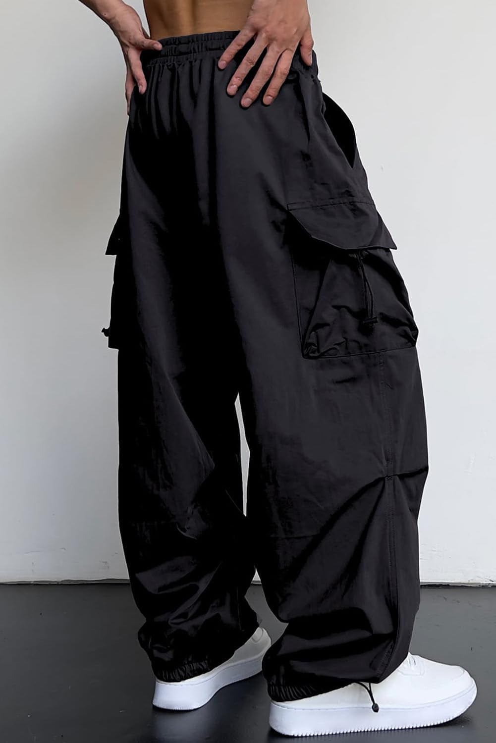 Mens Loose Fit Drawstring Y2K Baggy Parachute Cargo Pants | Harem Joggers, Utility Flap, Deep Side Pockets, Elastic Waistband, Adjustable Hem, Streetwear, Casual Wear, Outdoor Hiking