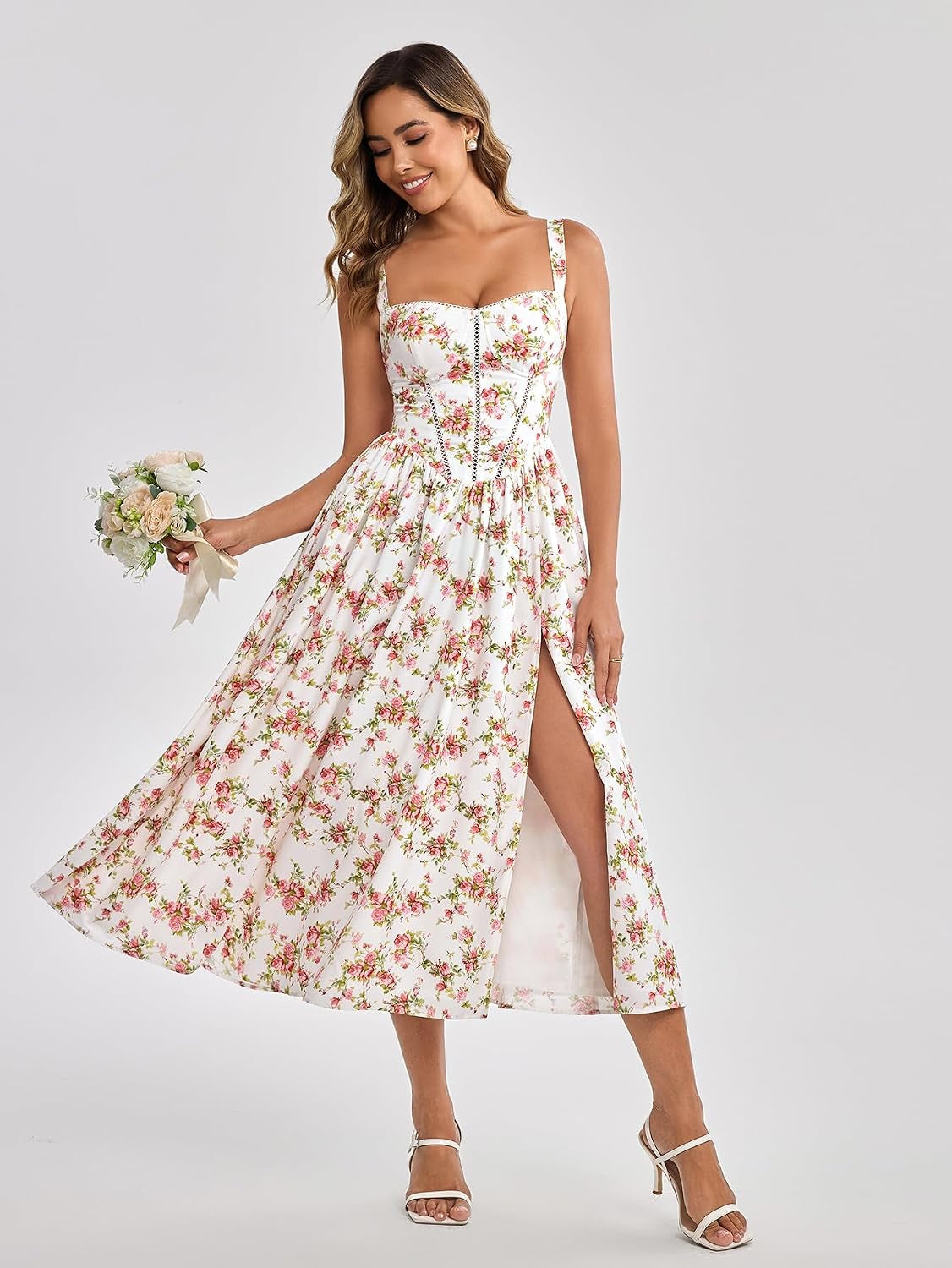 Summer Floral Corset Midi Wedding Guest Dresses for Women | Slit Flowy Sundress with Pockets, Idea for Garden Tea Party Engagement Bridal Shower Fancy Cottagecore Milkmaid