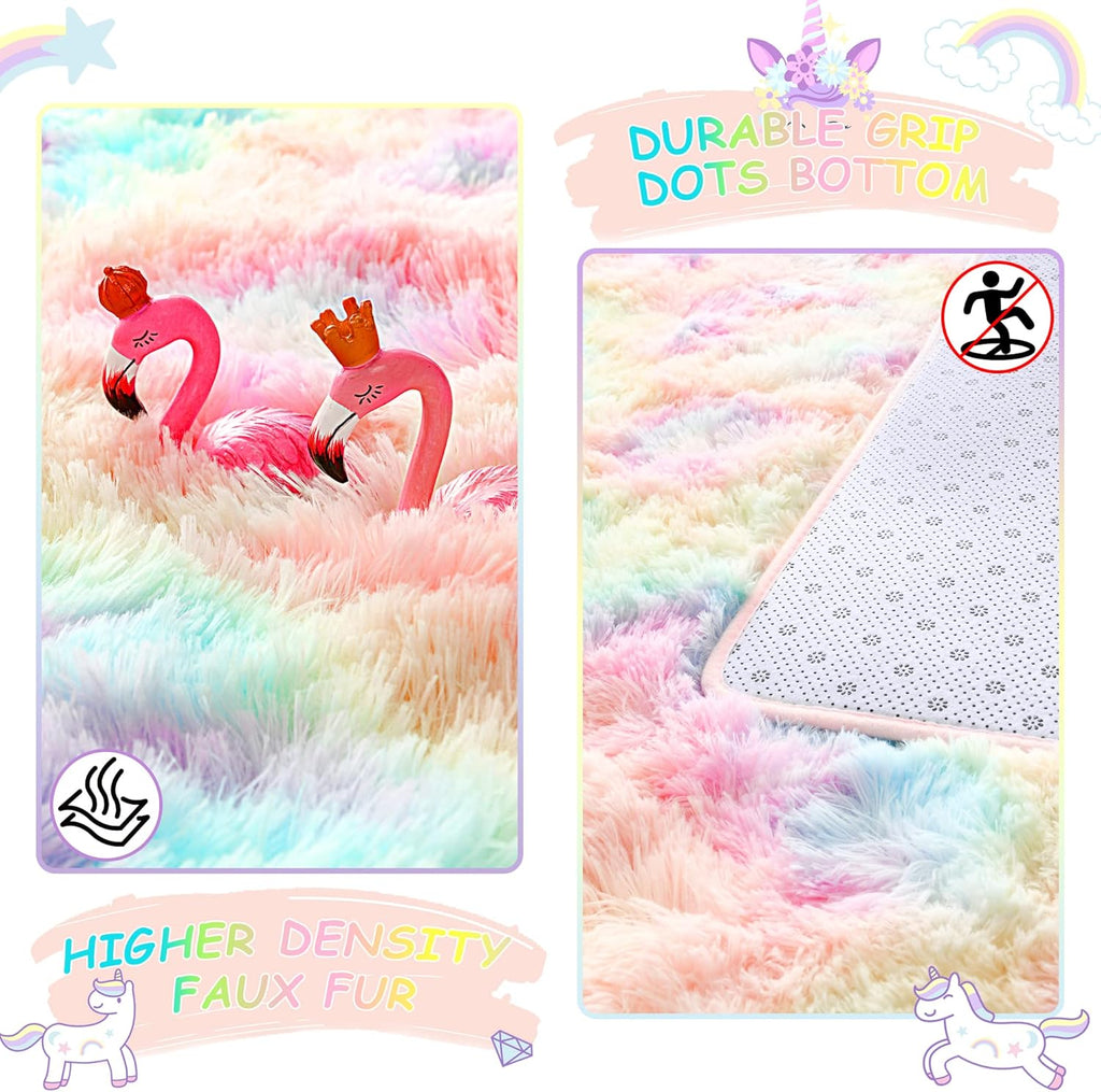 4X6 Rainbow Fluffy Soft Area Rug Non-Slip for Kids Bedroom Nursery Playroom | Plush丨Stays Put丨Soft丨Fluffy丨No Shedding丨Lays Flat丨Girls Room丨Dorm丨Indoor丨Laundry丨Shag丨Fuzzy丨Furry丨Carpet丨Home Decor