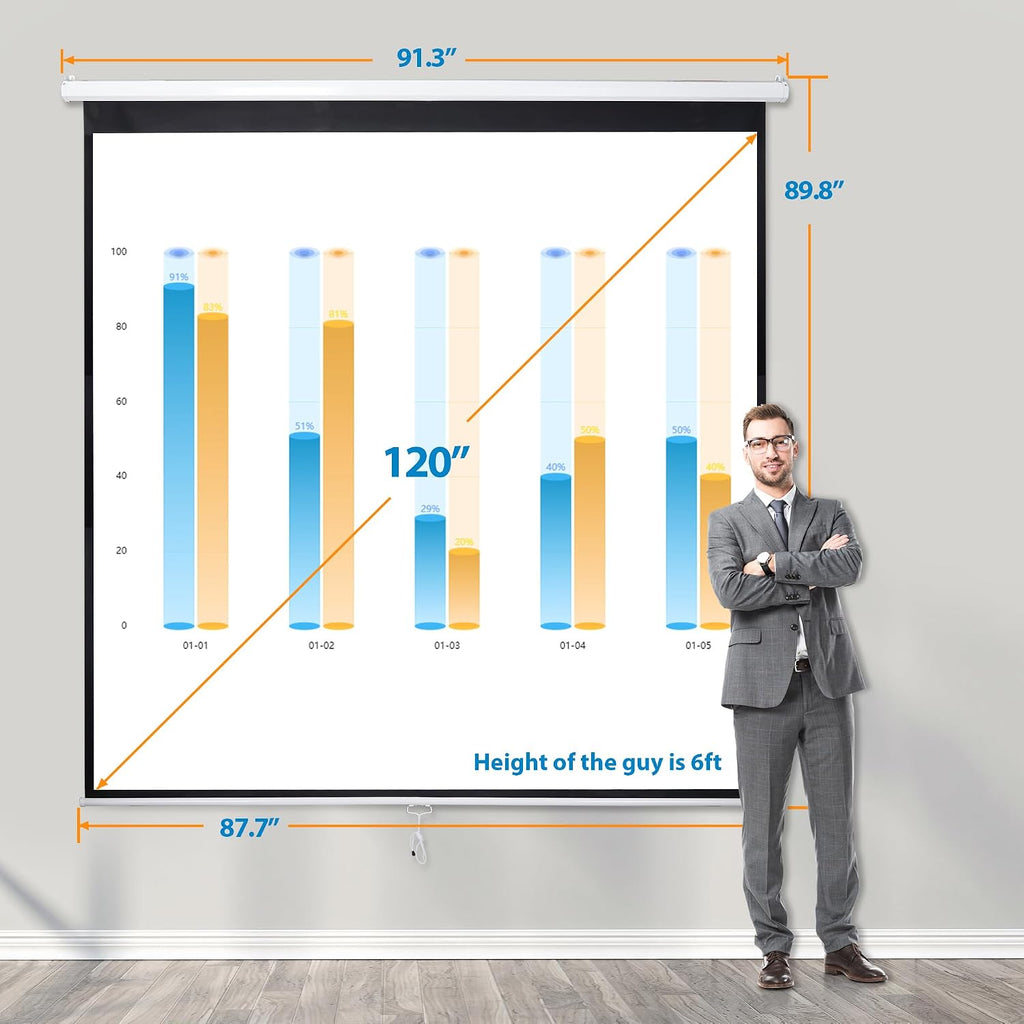 Projector Screen Pull down 100 Inch 16:9 HD, Manual Projection Screen Home Theater, Portable Indoor Outdoor Retractable Movie Screen Ceiling Wall Mount
