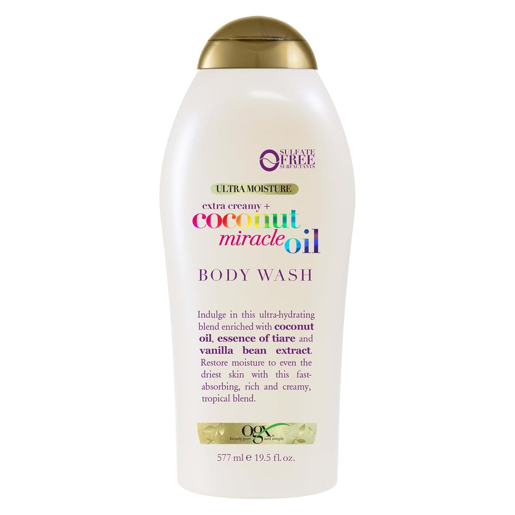 OGX Extra Creamy + Coconut Miracle Oil Ultra Moisture Body Wash, Rich Shower Gel for Dry Skin Infused with Coconut Oil, Body Wash for Women, Sulfate-Free Surfactants, 19.5 Fl. Oz