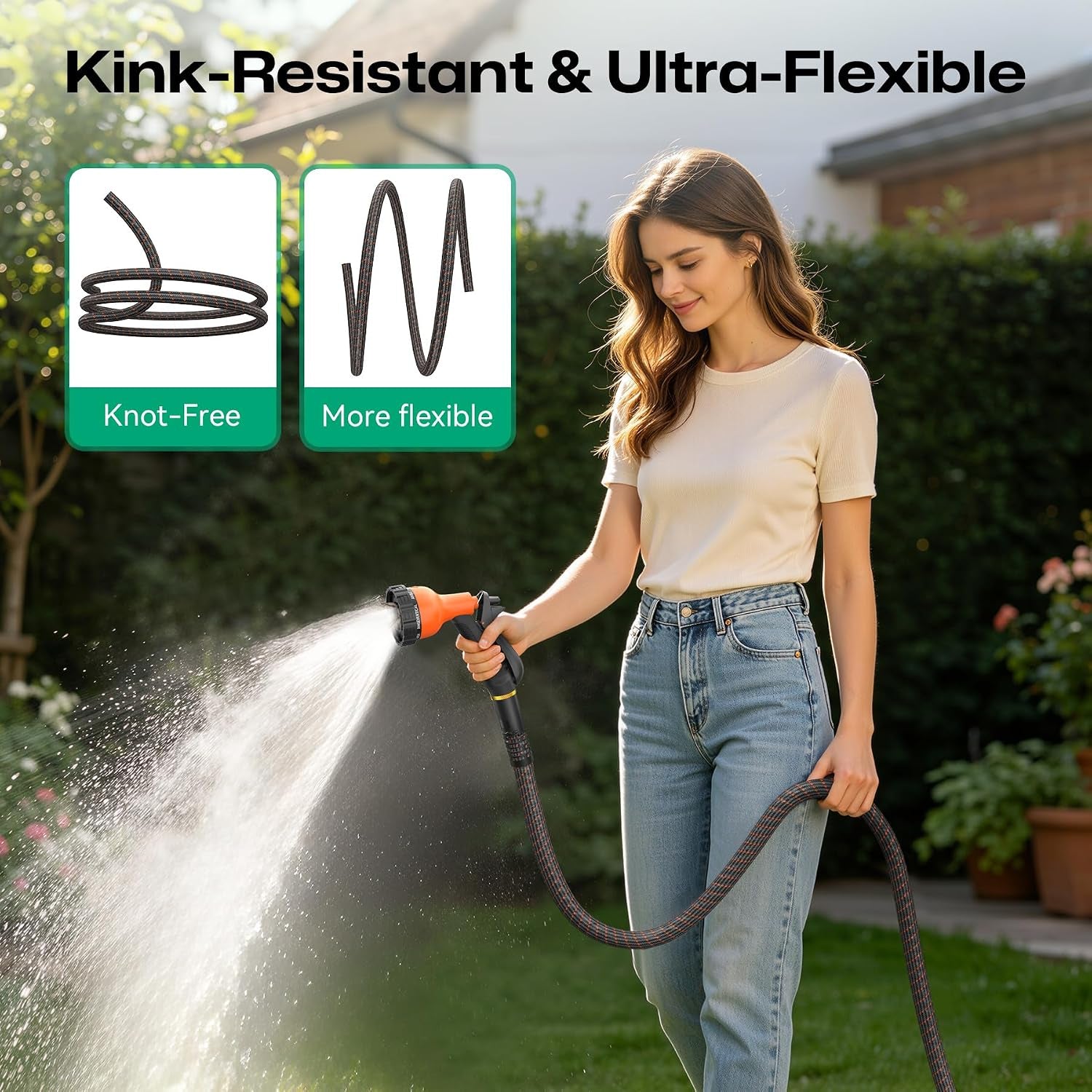 Garden Hose 100Ft NON-EXPANDABLE Water Hose, 3-Layer Lightweight Nylon Braided Hose for Yard, Car Wash & Pet Shower, 600 PSI Burst Heavy Duty Kink-Free with 10-Way Nozzle & 3/4" Brass Fittings