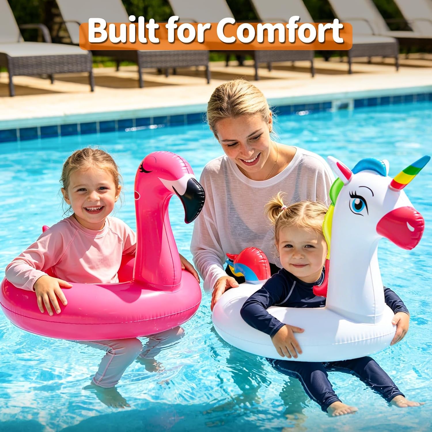 2 Pack Inflatable Flamingo Unicorn Pool Floats for Kids 3-8 Years | Pool Party Decorations/Beach/Summer, Durable PVC, Boys/Girls/Toddlers, Lounger/Raft, Vacation Floaties, Quick Inflate