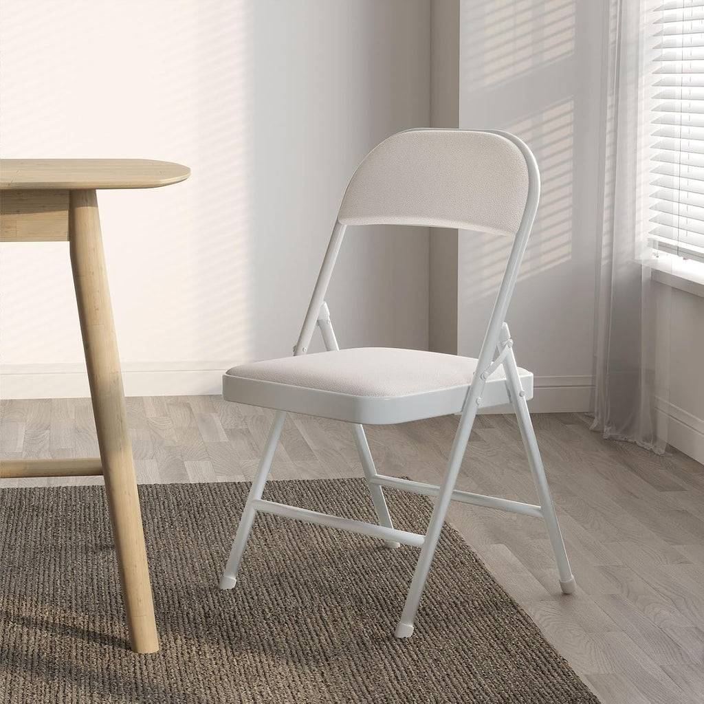 Folding Chairs with Padded Vinyl Cushion Chairs with Comfortable Cushion and Durable Steel Frame for Home and Office, for Indoor and Outdoor Events (White, Vinyl, 4 Pack)