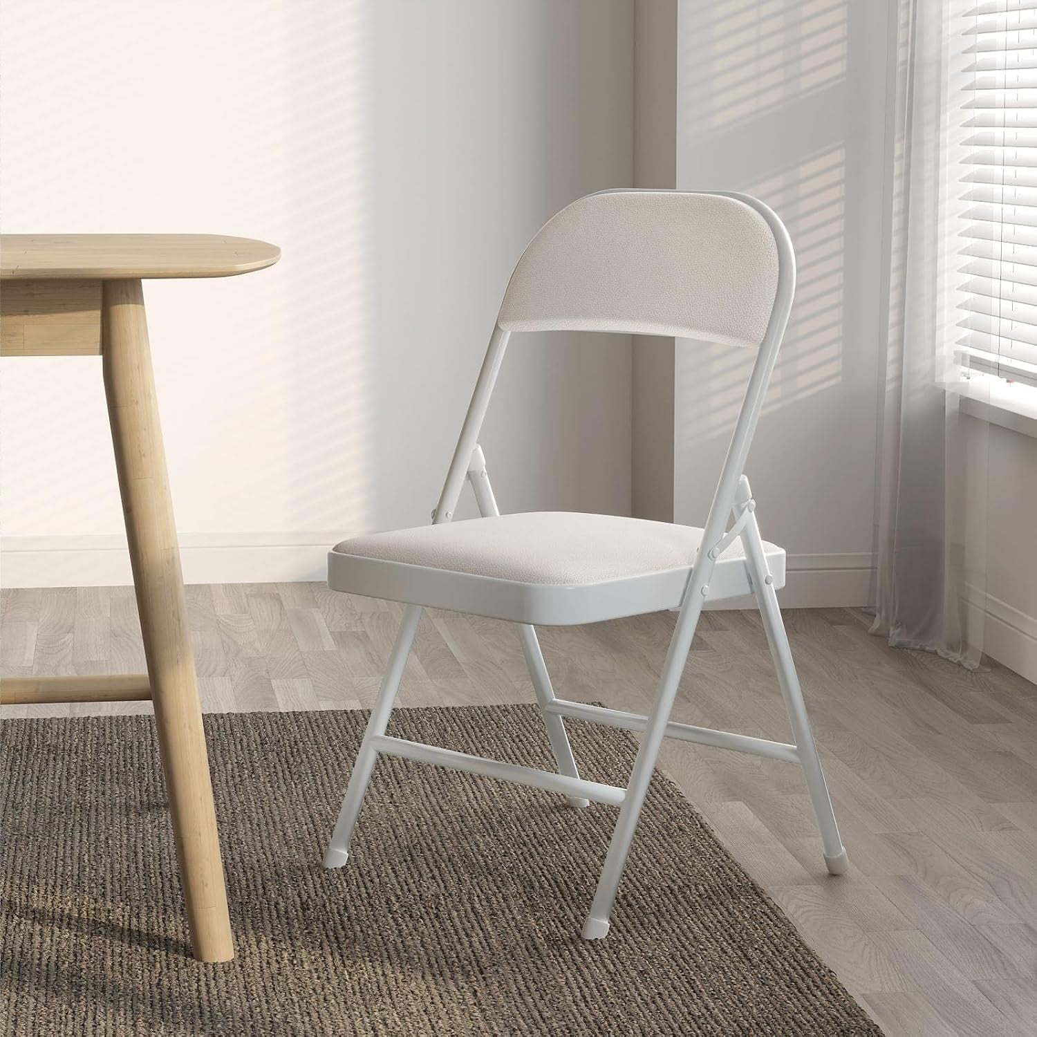 Folding Chairs with Padded Vinyl Cushion Chairs with Comfortable Cushion and Durable Steel Frame for Home and Office, for Indoor and Outdoor Events (White, Vinyl, 4 Pack)