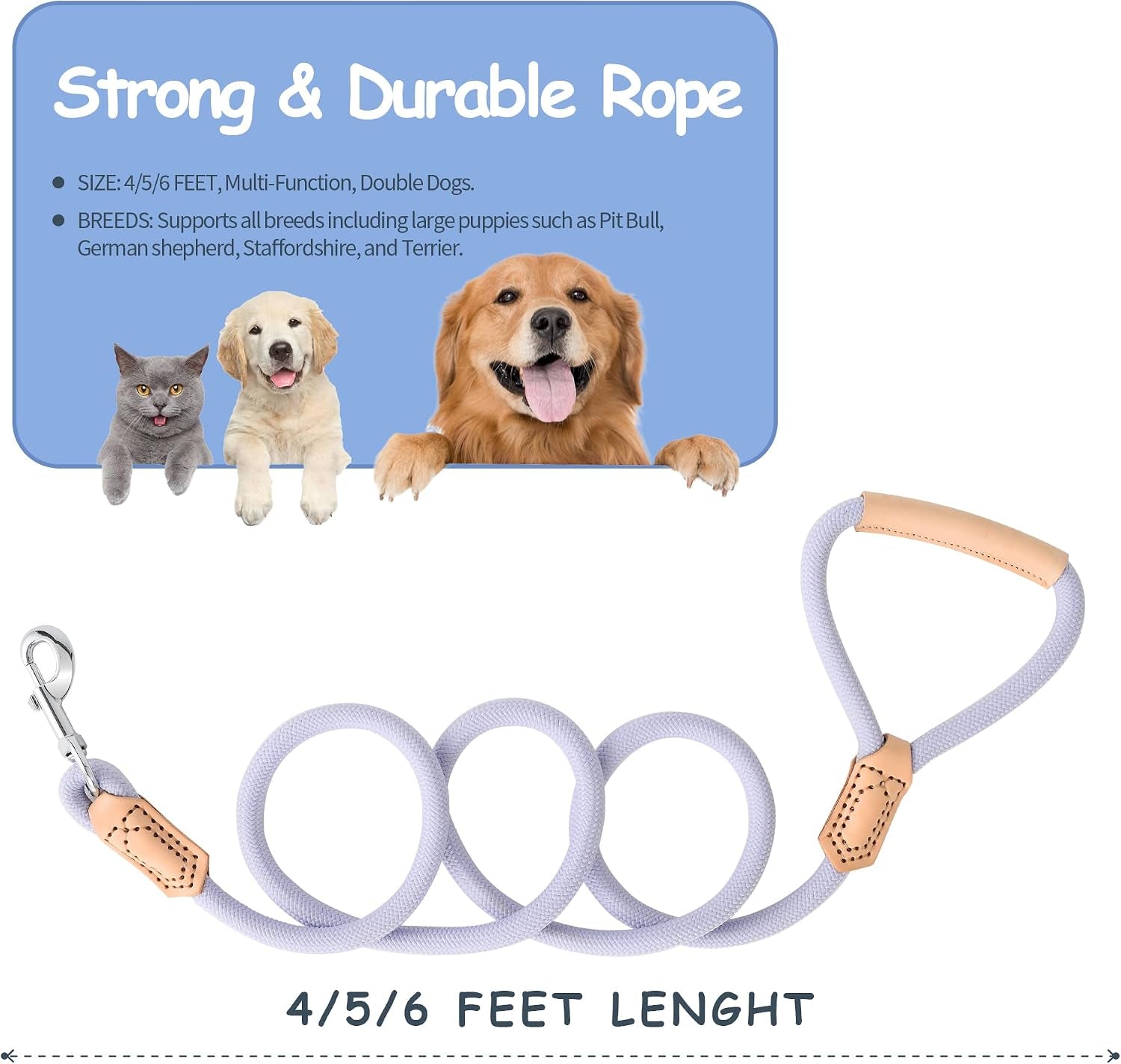 Dog Leash with Genuine Leather Connection/Handle, 4/5/6 FT | Rope Leash, Heavy Duty 360° Swivel Metal Clasp, for Small Medium & Large Dogs