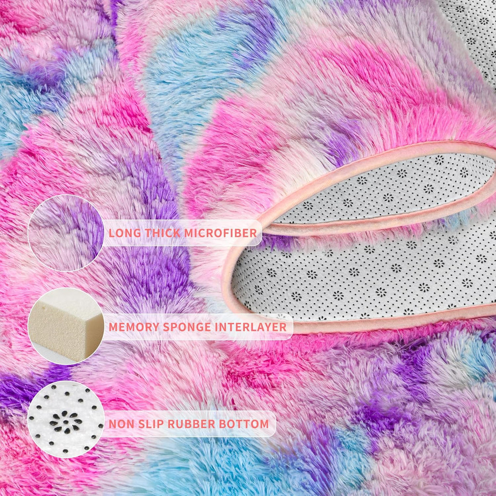 Soft Rainbow Rug for Girls Room, Cute Fluffy Girls Bedroom Rugs, 2X6 Feet Shaggy Princess Rug Colorful Carpet for Kids Teens Toddler Playroom Nursery Reading Nook, Hot Pink