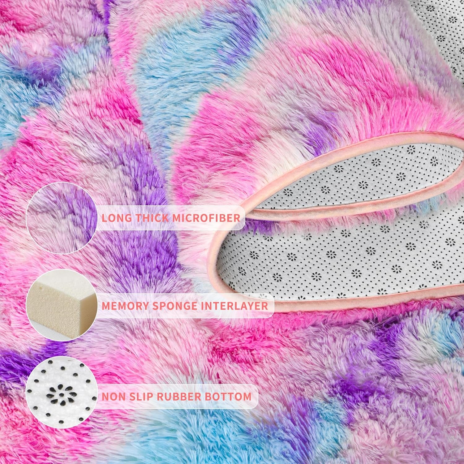 Soft Rainbow Rug for Girls Room, Cute Fluffy Girls Bedroom Rugs, 2X6 Feet Shaggy Princess Rug Colorful Carpet for Kids Teens Toddler Playroom Nursery Reading Nook, Hot Pink
