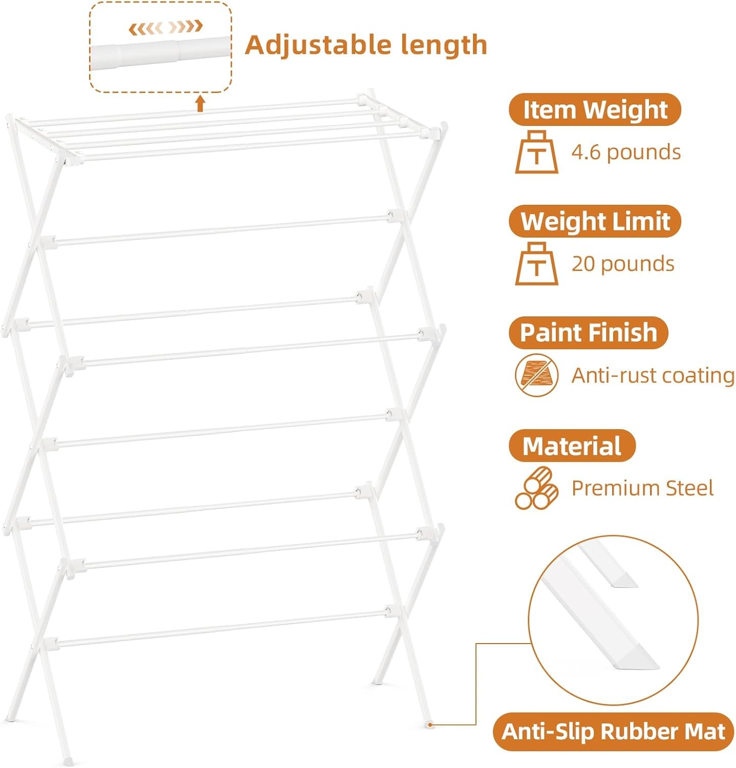 Drying Rack Clothing, 3-Tier Clothes Drying Rack Foldable, Antirust Laundry Drying Rack Collapsible Use for Indoor & Outdoor, 11.8" D X 34.6" W X 35.4" H, White