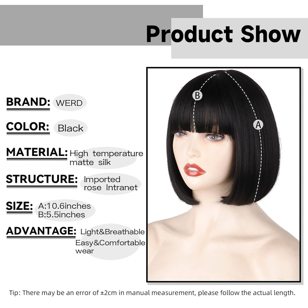 Black Short Bob Wig,Straight Black Bob Wig with Bangs, 10 Inch Straight Bob Bangs Wig for Women Natural Looking for Daily Use