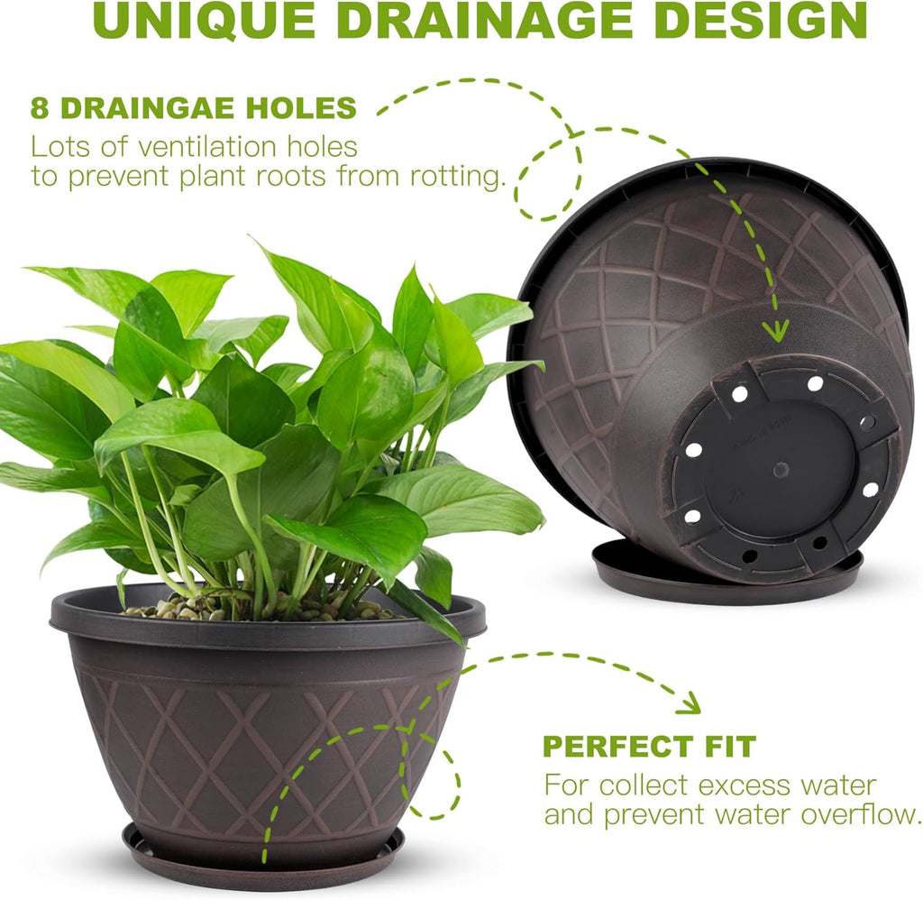 6 Pack 8 Inch Plant Pots, Planters with Drainage Holes & Saucers | Modern Imitation Faux-Fence Texture Plastic Flower Pots for Indoor & Outdoor Plants, Succulents, Flowers, and Herbs (Brown)
