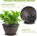 6 Pack 8 Inch Plant Pots, Planters with Drainage Holes & Saucers | Modern Imitation Faux-Fence Texture Plastic Flower Pots for Indoor & Outdoor Plants, Succulents, Flowers, and Herbs (Brown)