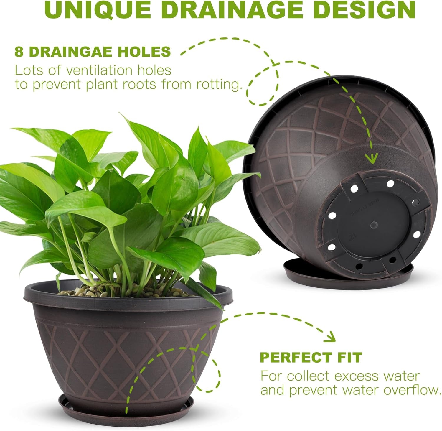 6 Pack 8 Inch Plant Pots, Planters with Drainage Holes & Saucers | Modern Imitation Faux-Fence Texture Plastic Flower Pots for Indoor & Outdoor Plants, Succulents, Flowers, and Herbs (Brown)