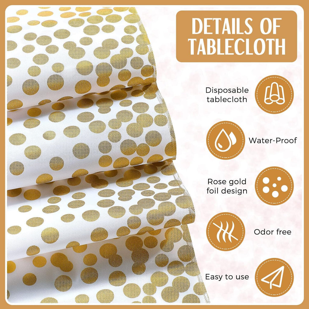 8 Pack White and Gold Disposable Plastic Tablecloths and Satin Table Runner Set, 54 X 108 Inch Tablecloth, 12 X 108 Inch Table Runners for Wedding First Communion Baby Shower Graduation