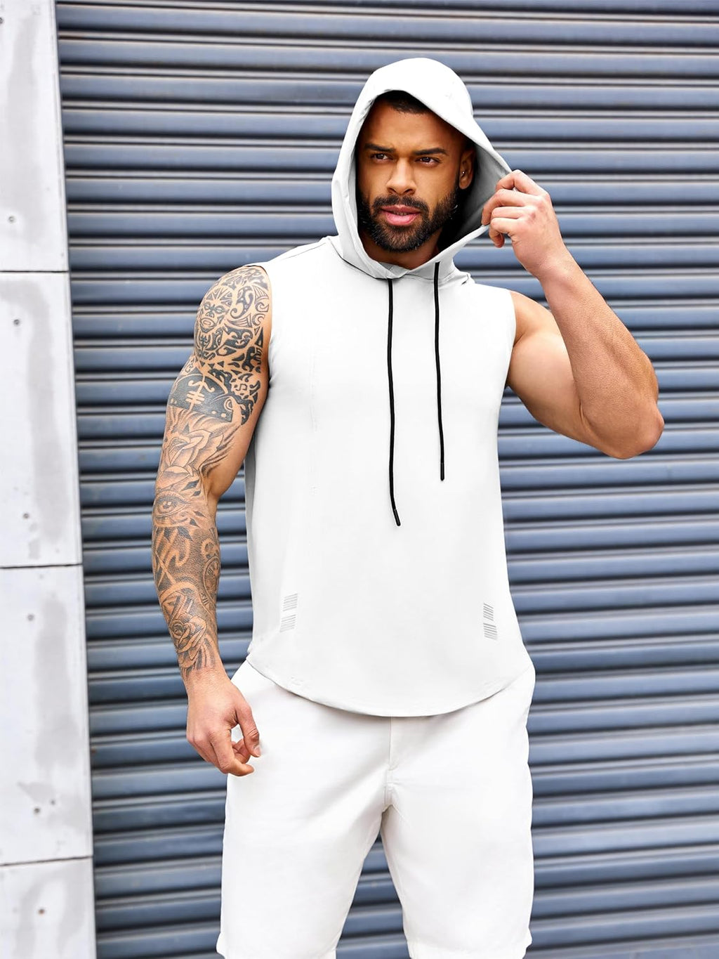 Mens Workout Hooded Tank Tops Gym Sleeveless Hoodies Bodybuilding Cut off Muscle T-Shirts White, X-Large