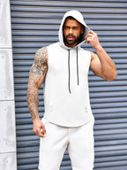 Mens Workout Hooded Tank Tops Gym Sleeveless Hoodies Bodybuilding Cut off Muscle T-Shirts White, X-Large